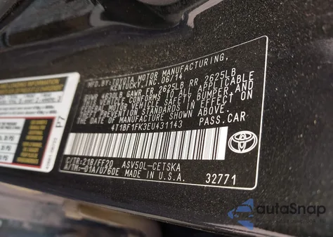 2014 Toyota Camry Se from USA, damaged, VIN 4T1BF1FK3EU431143